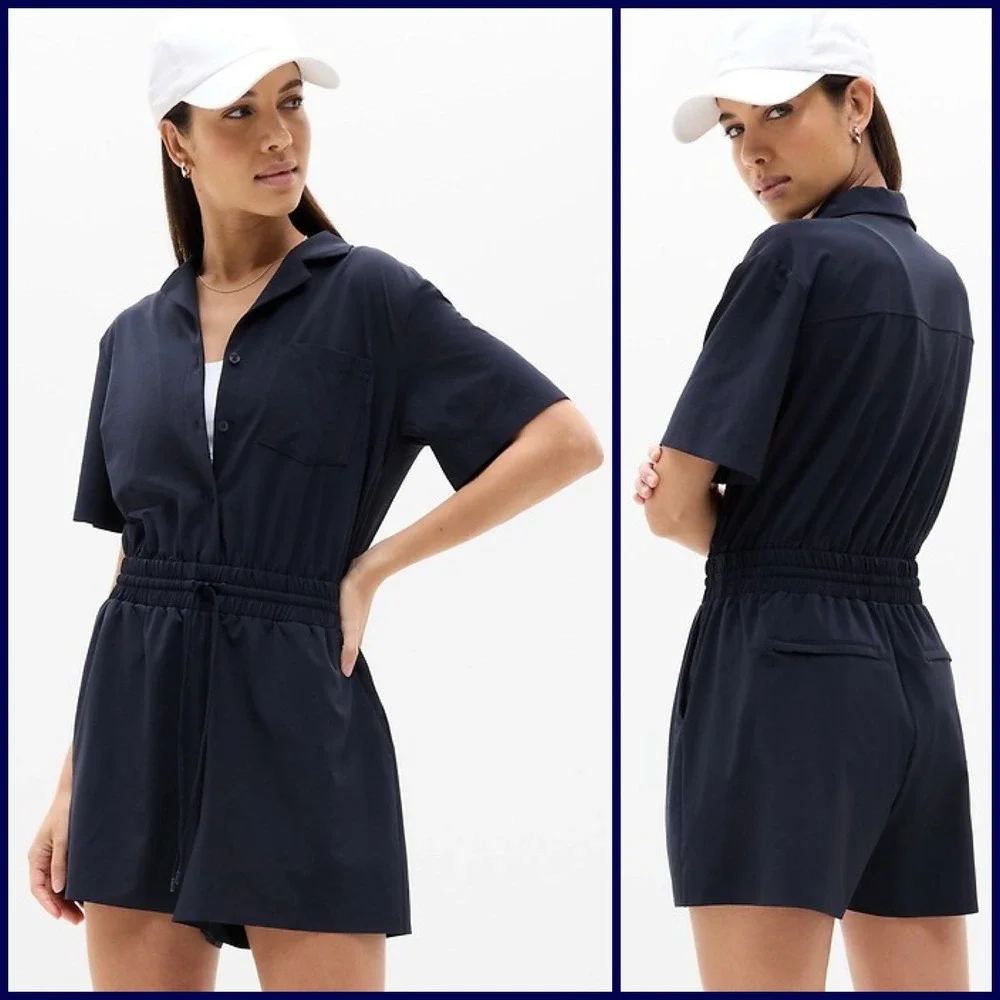 Athleta Avenue Romper Navy Blue Short Sleeve Button Front Elastic Waist Large